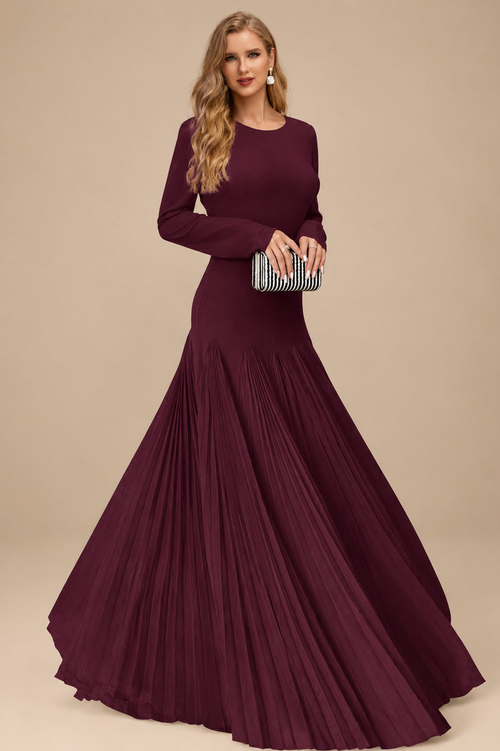 Rutipo Cabernet A-Line Pleated Long Sleeves Floor-Length Chiffon Mother Of The Bride Dresses