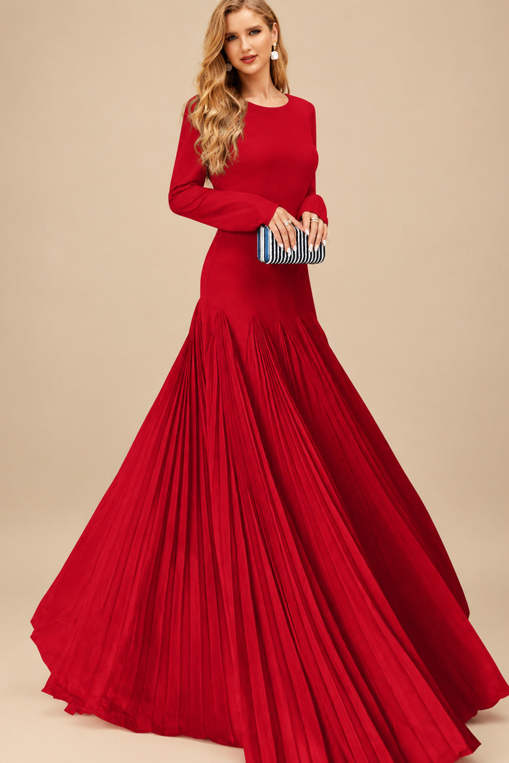 Rutipo Red A-Line Pleated Long Sleeves Floor-Length Chiffon Mother Of The Bride Dresses