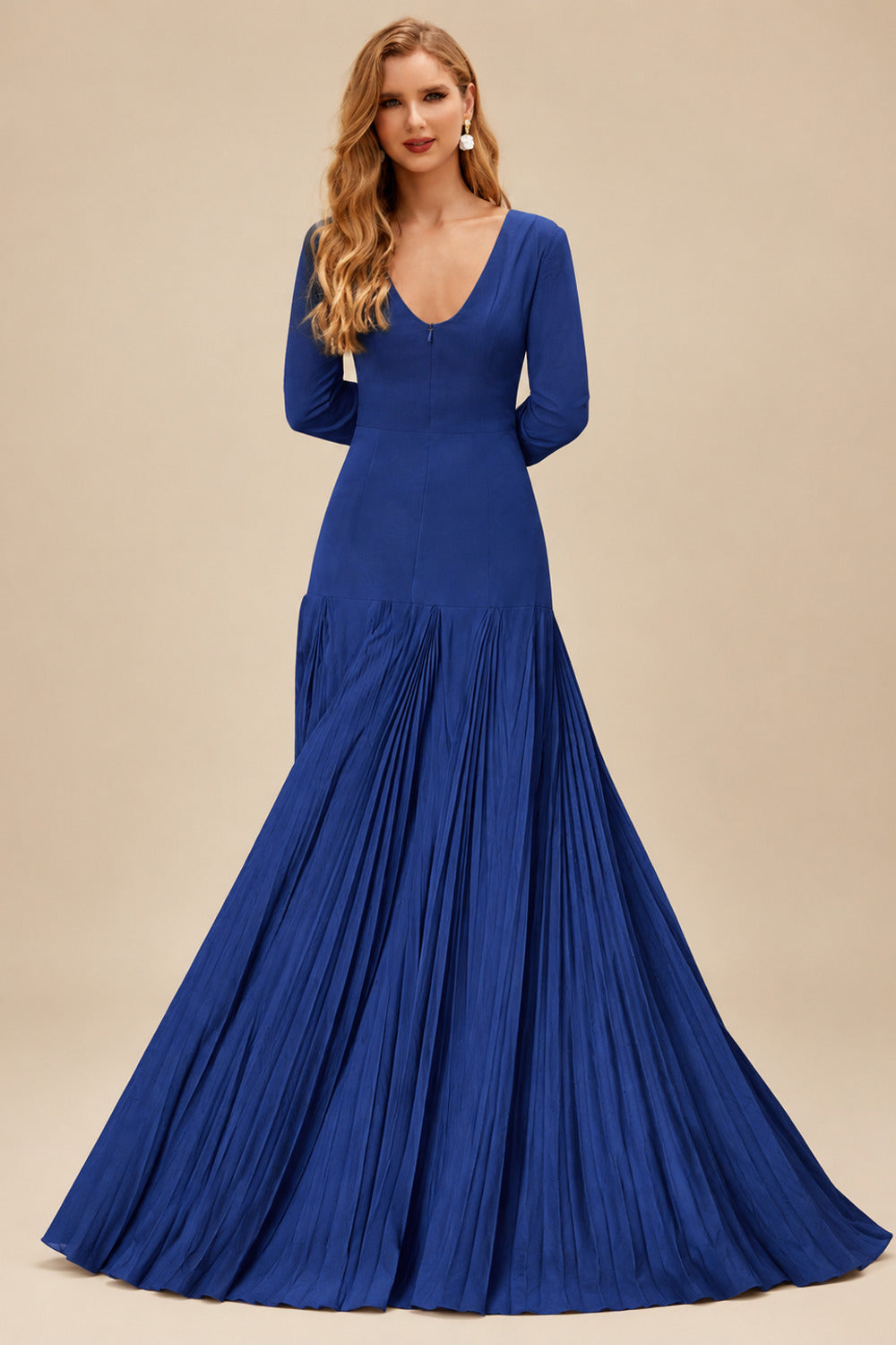 Rutipo Royal Blue A-Line Pleated Long Sleeves Floor-Length Chiffon Mother Of The Bride Dresses