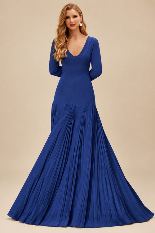 Rutipo Royal Blue A-Line Pleated Long Sleeves Floor-Length Chiffon Mother Of The Bride Dresses