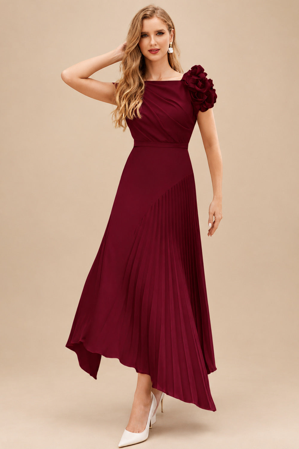 Rutipo Burgundy A-Line Asymmetrical Stretch Chiffon Mother Of The Bride Dresses With Pleated/Flower(s)