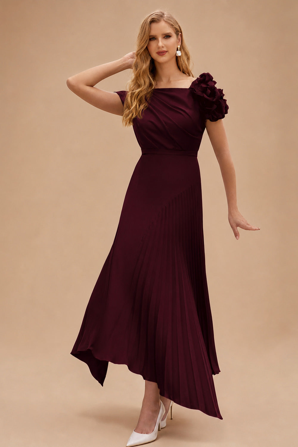 Rutipo Cabernet A-Line Asymmetrical Stretch Chiffon Mother Of The Bride Dresses With Pleated/Flower(s)