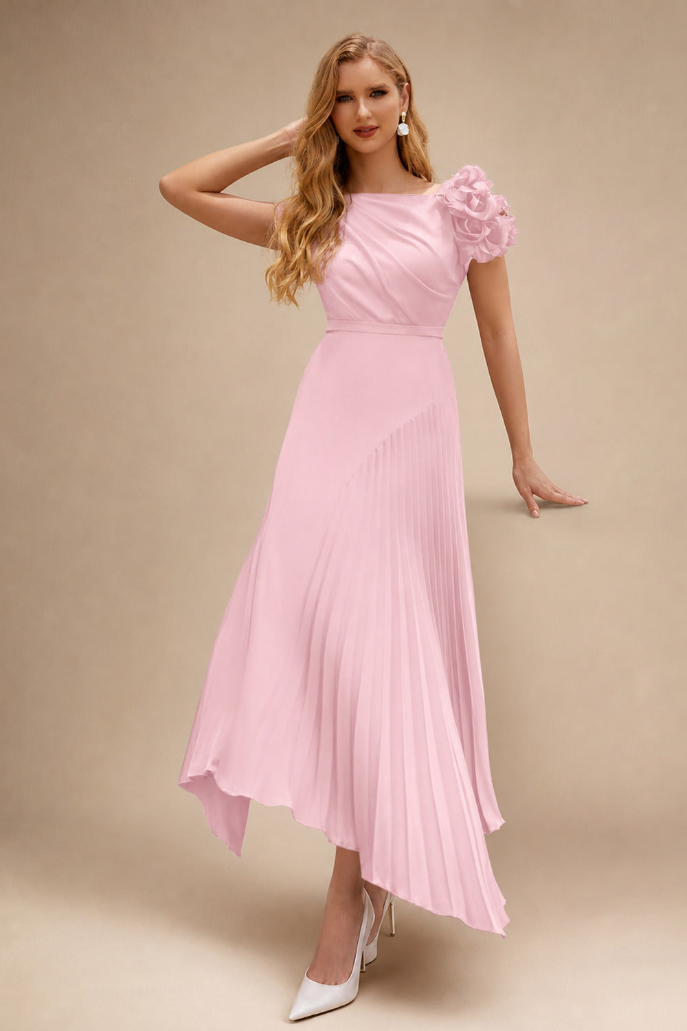 Rutipo Candy Pink A-Line Asymmetrical Stretch Chiffon Mother Of The Bride Dresses With Pleated/Flower(s)