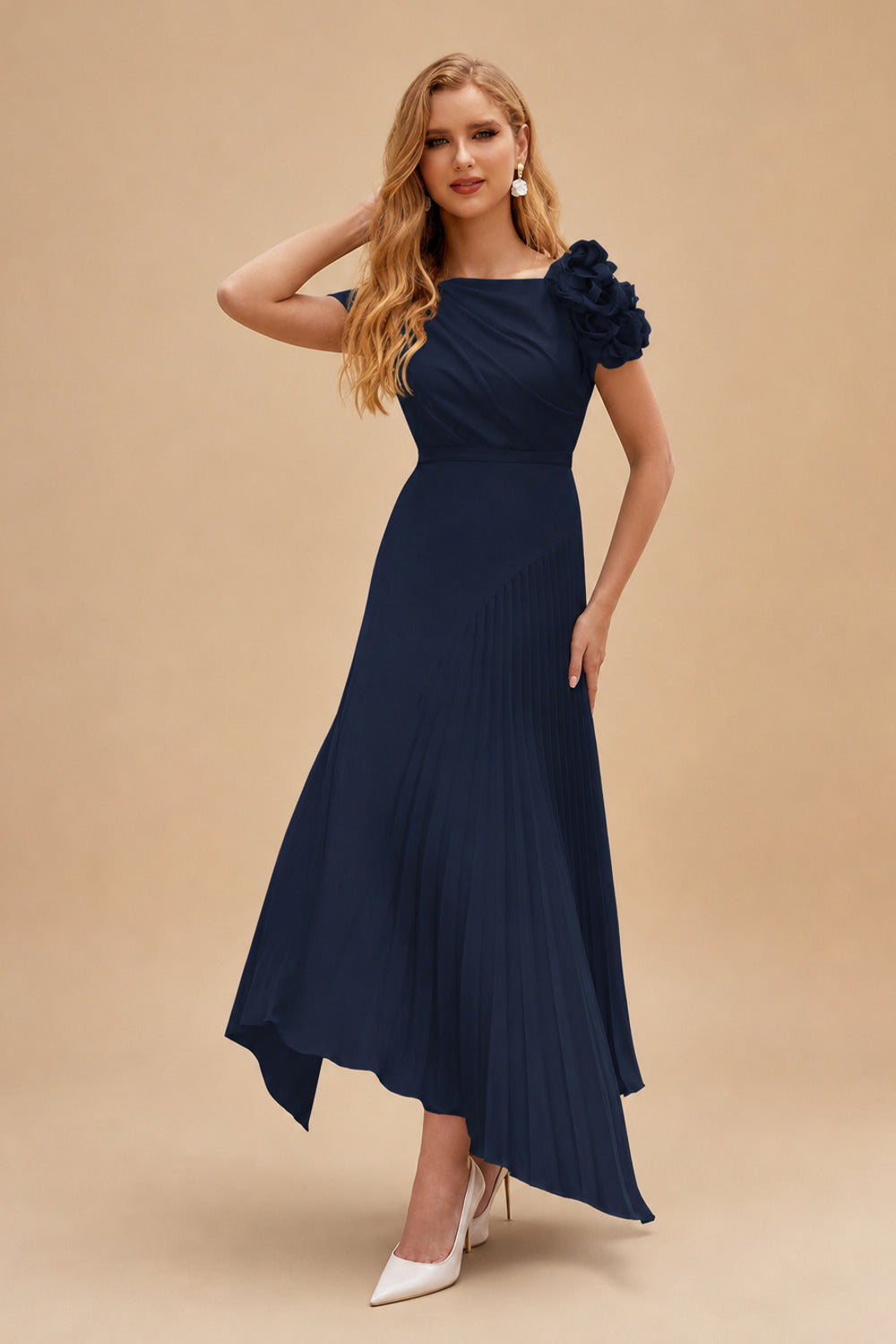 Rutipo Dark Navy A-Line Asymmetrical Stretch Chiffon Mother Of The Bride Dresses With Pleated/Flower(s)
