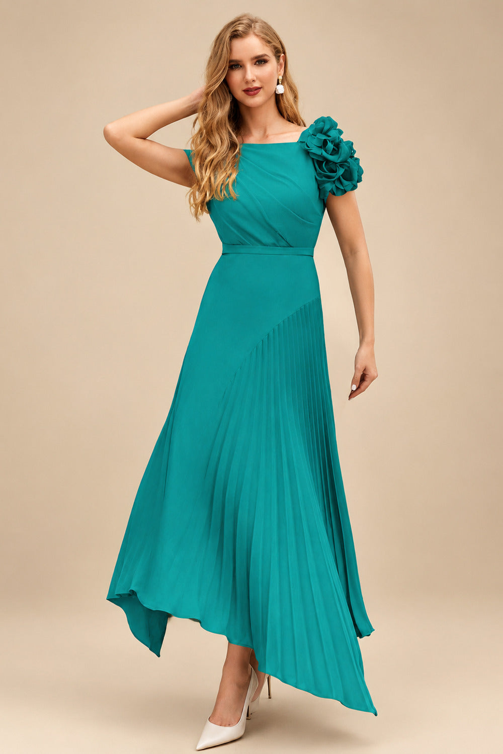 Rutipo Jade A-Line Asymmetrical Stretch Chiffon Mother Of The Bride Dresses With Pleated/Flower(s)