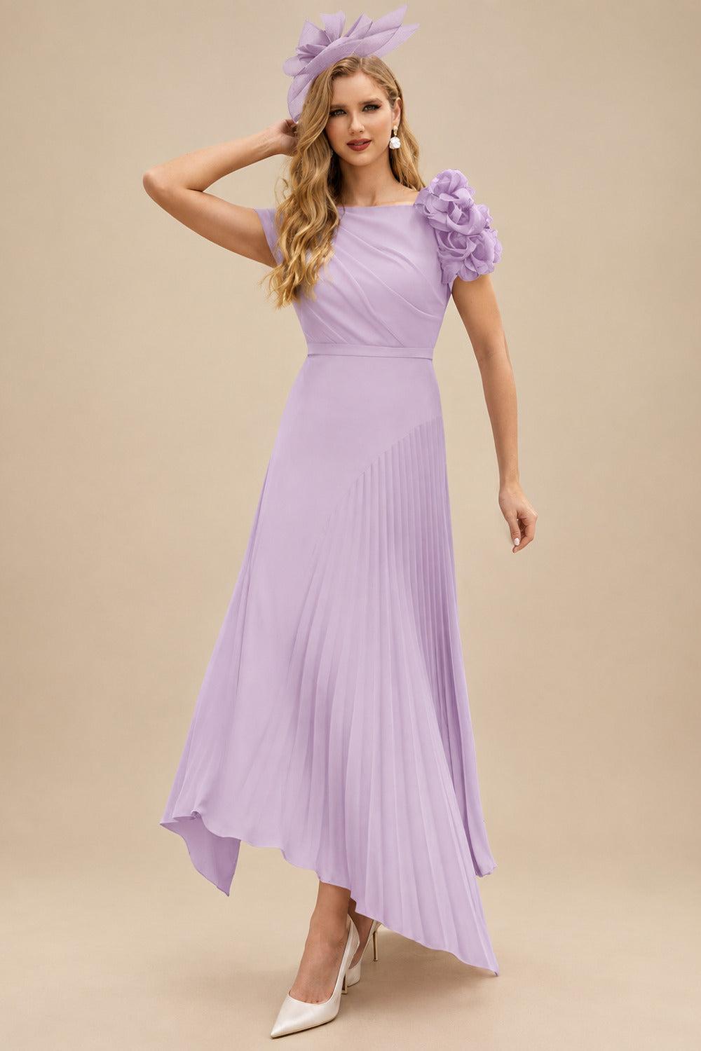 Rutipo Lilac A-Line Asymmetrical Stretch Chiffon Mother Of The Bride Dresses With Pleated/Flower(s)
