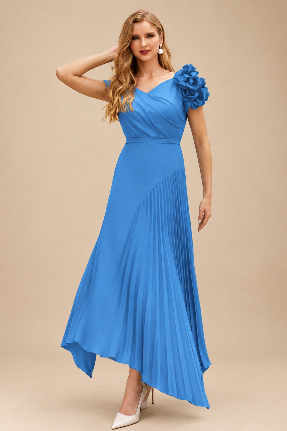 Rutipo Ocean Blue A-Line Asymmetrical Stretch Chiffon Mother Of The Bride Dresses With Pleated/Flower(s)
