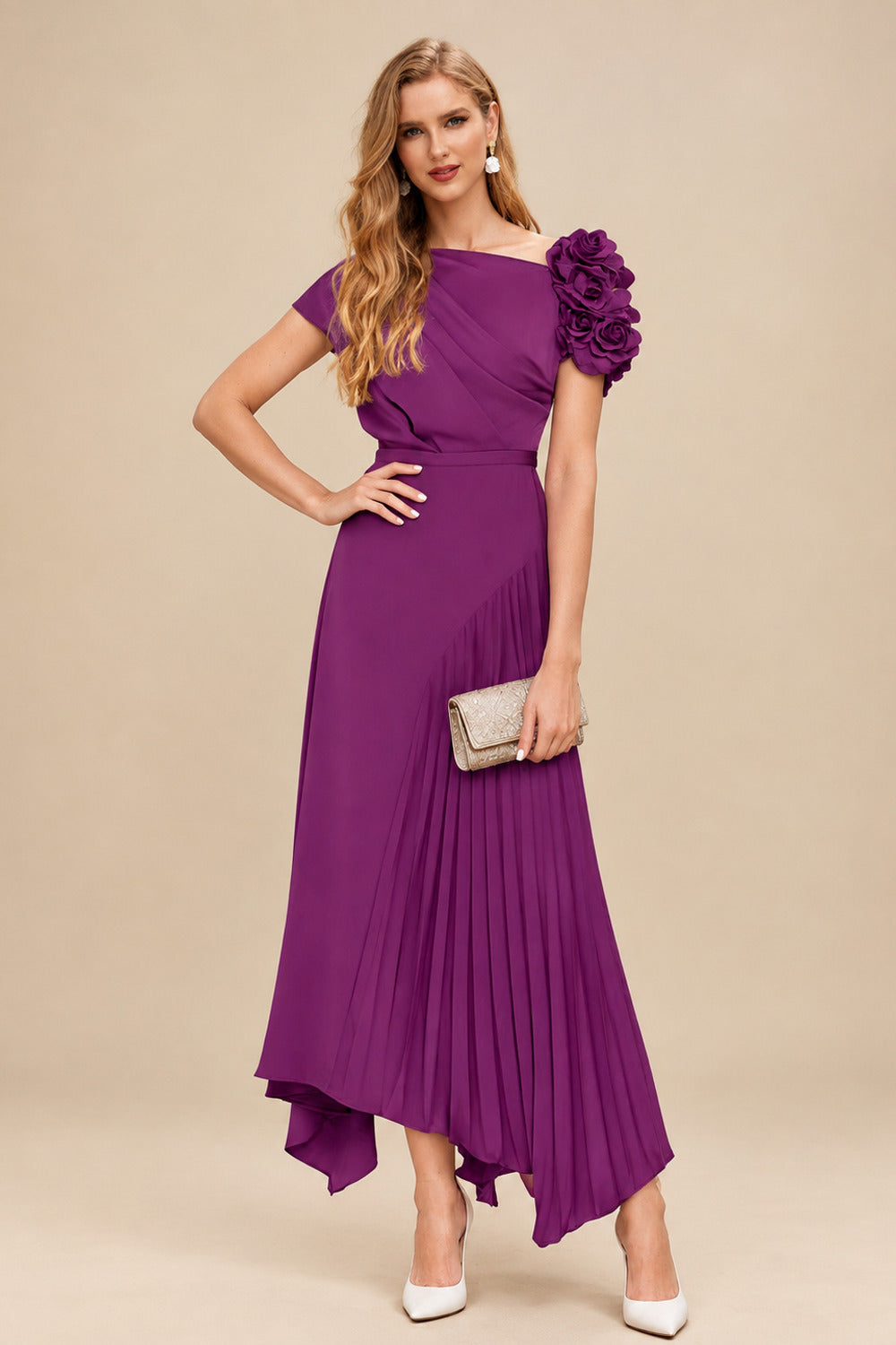 Rutipo Orchid A-Line Asymmetrical Stretch Chiffon Mother Of The Bride Dresses With Pleated/Flower(s)