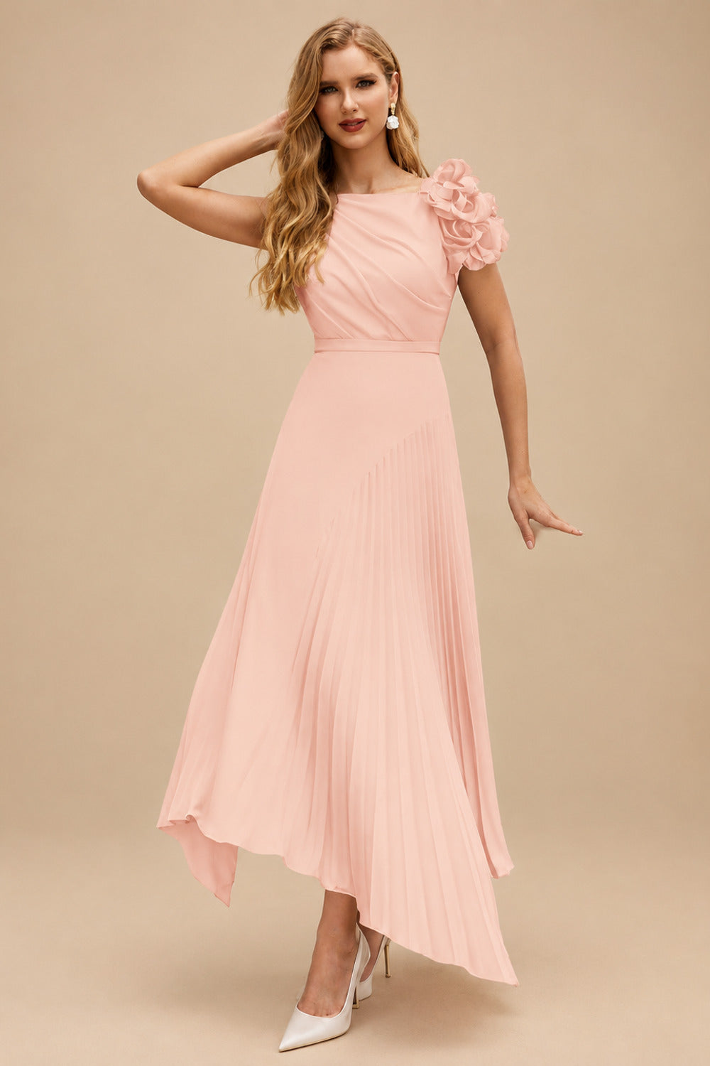 Rutipo Pearl Pink A-Line Asymmetrical Stretch Chiffon Mother Of The Bride Dresses With Pleated/Flower(s)