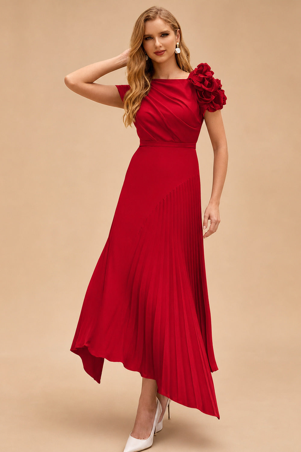 Rutipo Red A-Line Asymmetrical Stretch Chiffon Mother Of The Bride Dresses With Pleated/Flower(s)