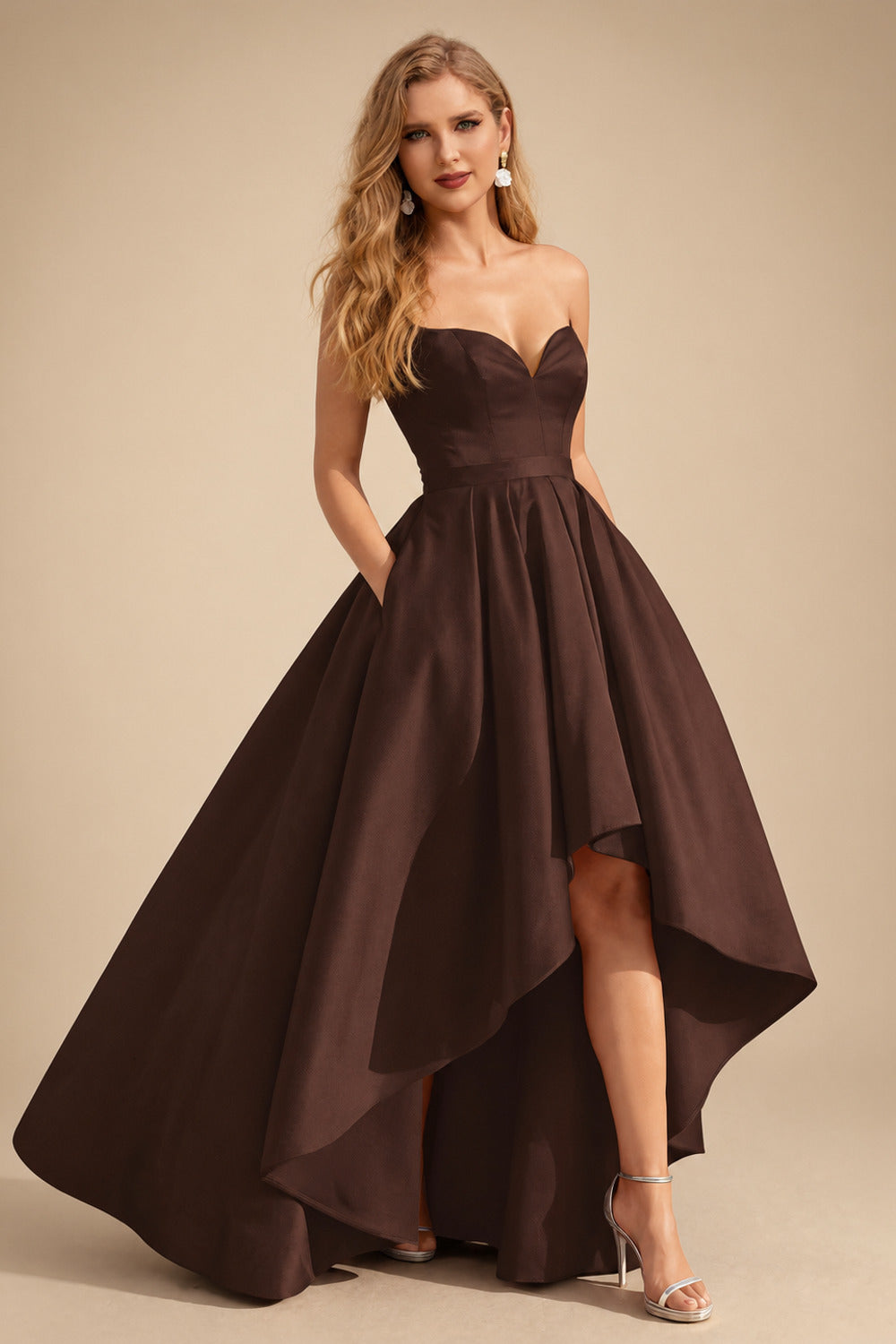 Rutipo Chocolate Ball-Gown/Princess Sleeveless Strapless Satin Asymmetrical Prom Dress With Pleated