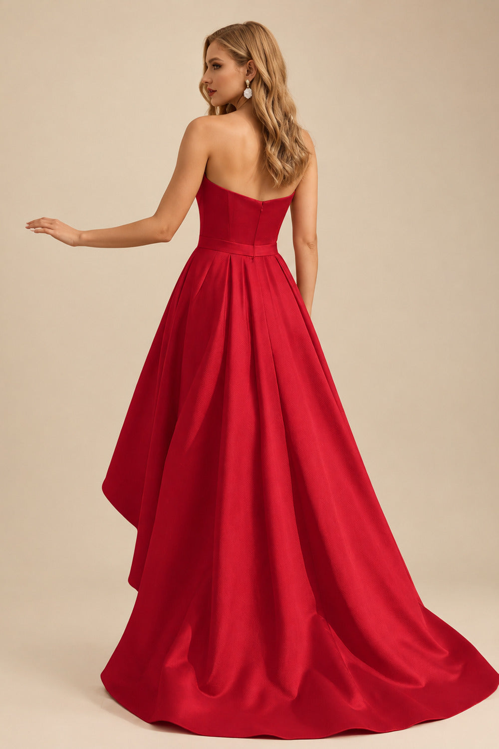 Rutipo Red Ball-Gown/Princess Sleeveless Strapless Satin Asymmetrical Prom Dress With Pleated
