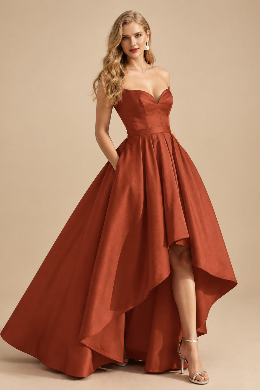 Rutipo Terracotta Ball-Gown/Princess Sleeveless Strapless Satin Asymmetrical Prom Dress With Pleated