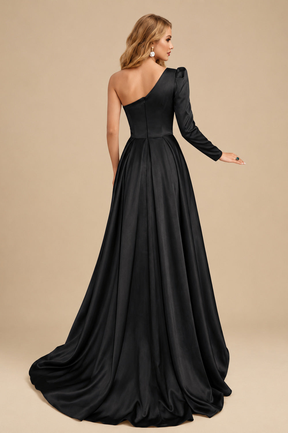 Rutipo Black Sheath/Column One-Shoulder Long Sleeves Satin Evening Dress With High Split