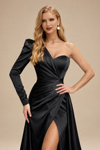 Rutipo Black Sheath/Column One-Shoulder Long Sleeves Satin Evening Dress With High Split