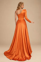 Rutipo Burnt Orange Sheath/Column One-Shoulder Long Sleeves Satin Evening Dress With High Split