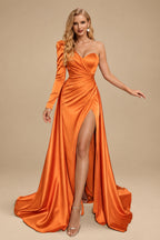 Rutipo Burnt Orange Sheath/Column One-Shoulder Long Sleeves Satin Evening Dress With High Split