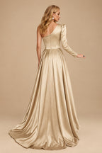 Rutipo Champagne Sheath/Column One-Shoulder Long Sleeves Satin Evening Dress With High Split