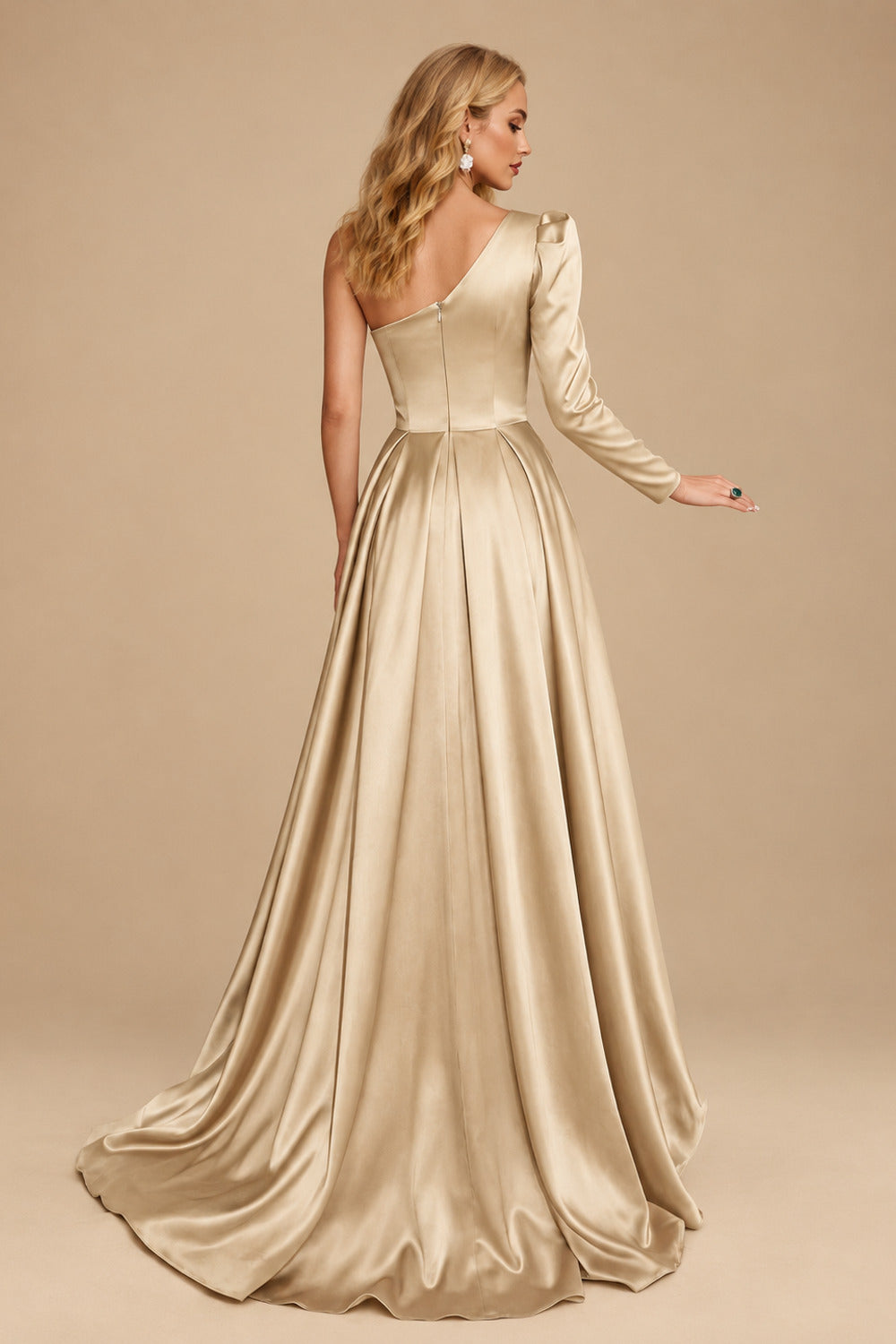 Rutipo Champagne Sheath/Column One-Shoulder Long Sleeves Satin Evening Dress With High Split