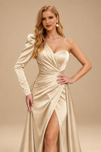 Rutipo Champagne Sheath/Column One-Shoulder Long Sleeves Satin Evening Dress With High Split