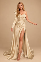 Rutipo Champagne Sheath/Column One-Shoulder Long Sleeves Satin Evening Dress With High Split
