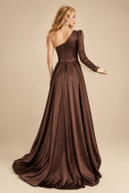 Rutipo Chocolate Sheath/Column One-Shoulder Long Sleeves Satin Evening Dress With High Split