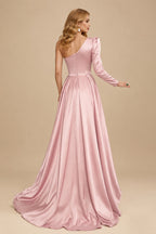 Rutipo Dusty Rose Sheath/Column One-Shoulder Long Sleeves Satin Evening Dress With High Split