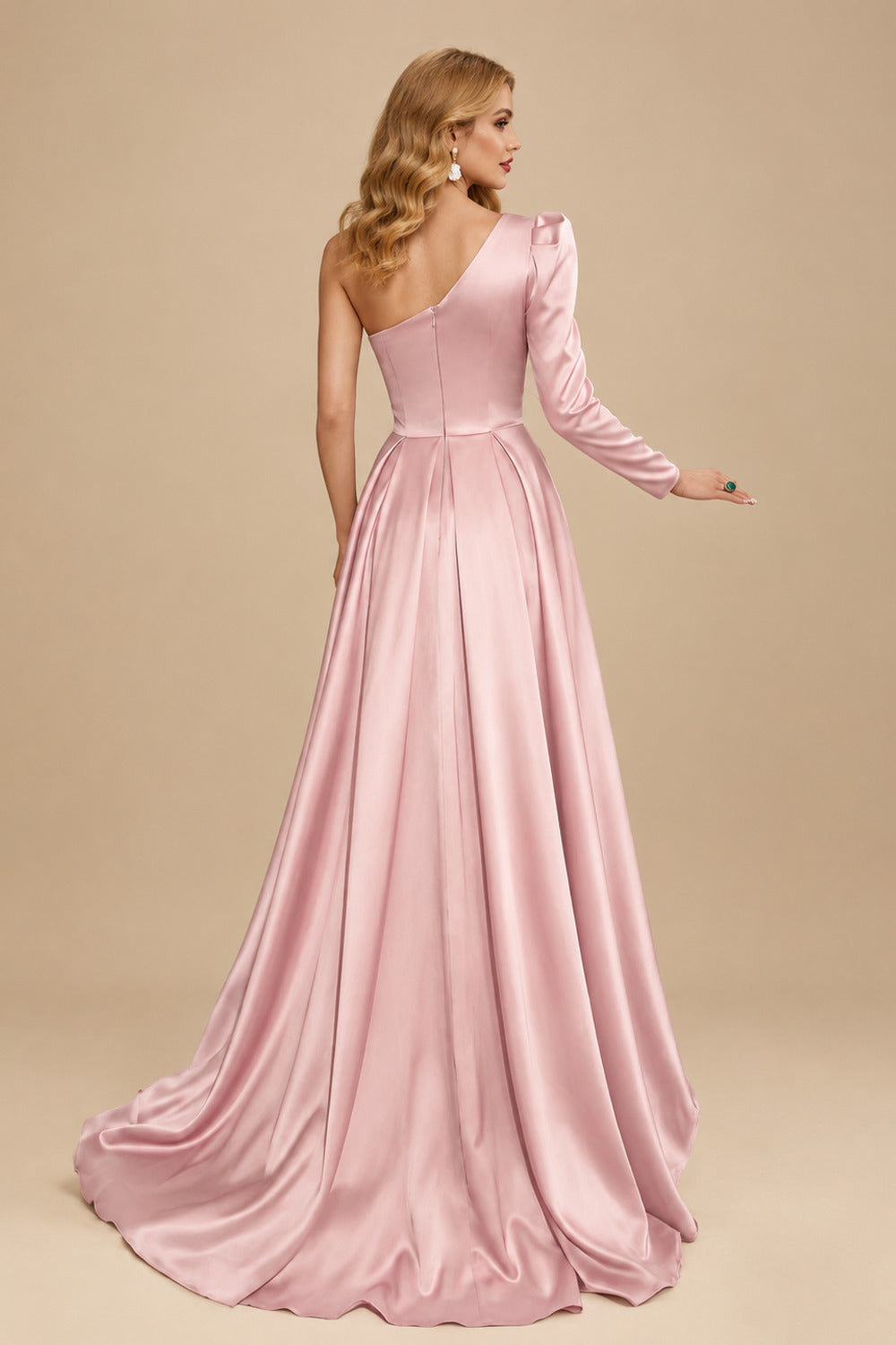 Rutipo Dusty Rose Sheath/Column One-Shoulder Long Sleeves Satin Evening Dress With High Split