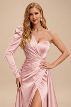 Rutipo Dusty Rose Sheath/Column One-Shoulder Long Sleeves Satin Evening Dress With High Split