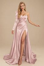 Rutipo Dusty Rose Sheath/Column One-Shoulder Long Sleeves Satin Evening Dress With High Split