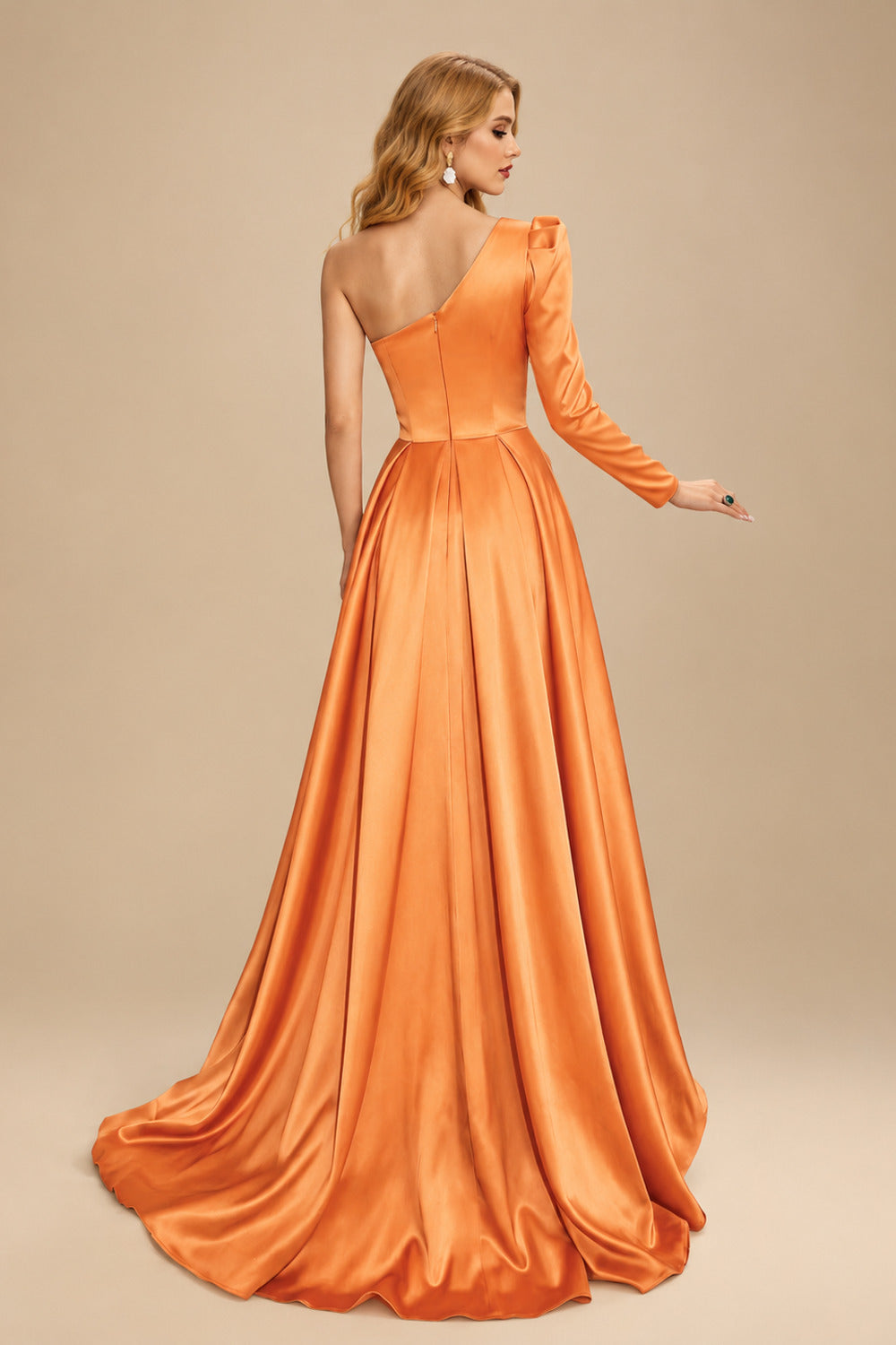 Rutipo Orange Sheath/Column One-Shoulder Long Sleeves Satin Evening Dress With High Split