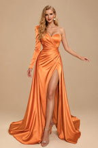 Rutipo Orange Sheath/Column One-Shoulder Long Sleeves Satin Evening Dress With High Split