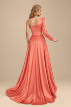 Rutipo Papaya Sheath/Column One-Shoulder Long Sleeves Satin Evening Dress With High Split