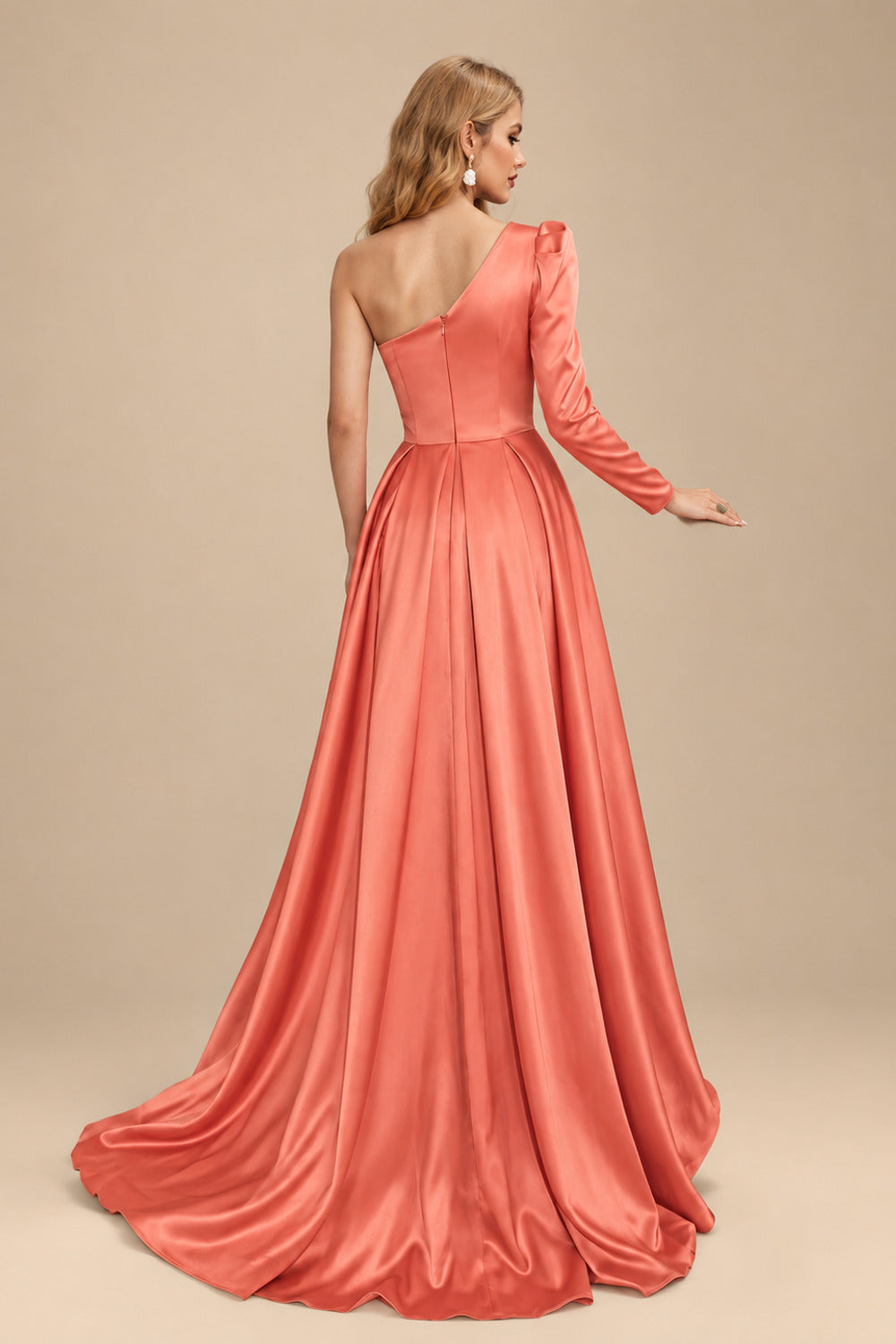Rutipo Papaya Sheath/Column One-Shoulder Long Sleeves Satin Evening Dress With High Split