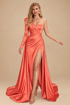 Rutipo Papaya Sheath/Column One-Shoulder Long Sleeves Satin Evening Dress With High Split
