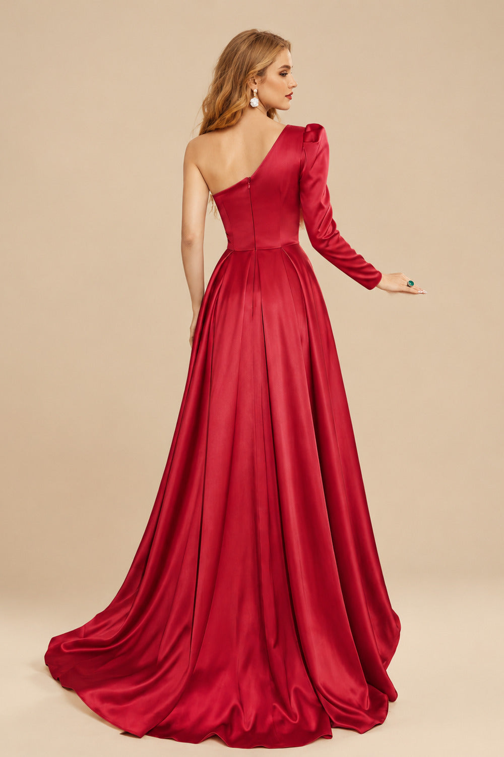 Rutipo Red Sheath/Column One-Shoulder Long Sleeves Satin Evening Dress With High Split