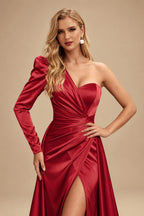 Rutipo Red Sheath/Column One-Shoulder Long Sleeves Satin Evening Dress With High Split