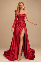 Rutipo Red Sheath/Column One-Shoulder Long Sleeves Satin Evening Dress With High Split