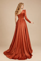 Rutipo Terracotta Sheath/Column One-Shoulder Long Sleeves Satin Evening Dress With High Split