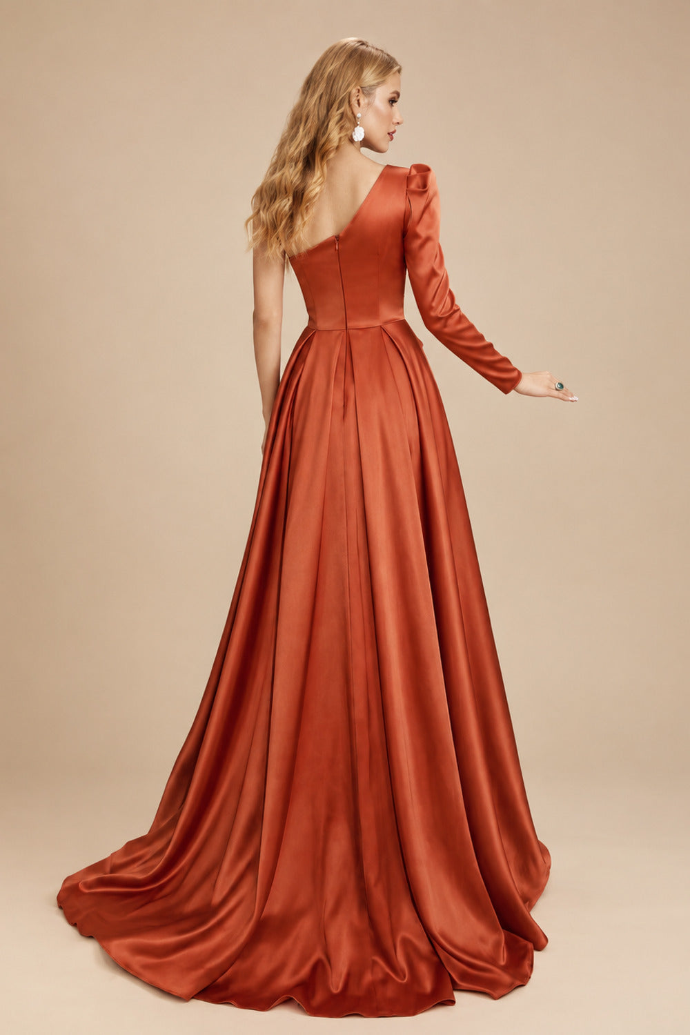 Rutipo Terracotta Sheath/Column One-Shoulder Long Sleeves Satin Evening Dress With High Split