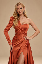 Rutipo Terracotta Sheath/Column One-Shoulder Long Sleeves Satin Evening Dress With High Split