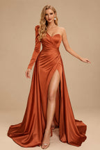 Rutipo Terracotta Sheath/Column One-Shoulder Long Sleeves Satin Evening Dress With High Split