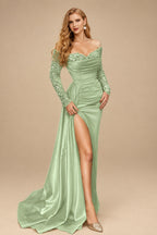 Rutipo Celadon Sheath/Column Off-The-Shoulder Long Sleeves Satin Prom Dresses With High Split