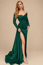 Rutipo Dark Green Sheath/Column Off-The-Shoulder Long Sleeves Satin Prom Dresses With High Split
