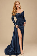 Rutipo Dark Navy Sheath/Column Off-The-Shoulder Long Sleeves Satin Prom Dresses With High Split
