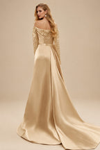 Rutipo Gold Sheath/Column Off-The-Shoulder Long Sleeves Satin Prom Dresses With High Split