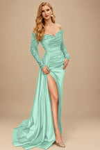 Rutipo Mint Green Sheath/Column Off-The-Shoulder Long Sleeves Satin Prom Dresses With High Split