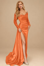 Rutipo Orange Sheath/Column Off-The-Shoulder Long Sleeves Satin Prom Dresses With High Split