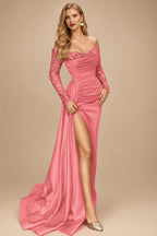 Rutipo Watermelon Sheath/Column Off-The-Shoulder Long Sleeves Satin Prom Dresses With High Split