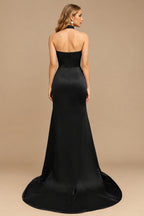 Rutipo Black Sheath/Column Halter Charmeuse Prom Dresses With High Split